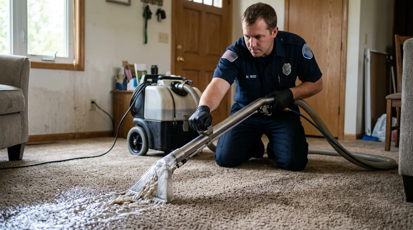 Gold Tech Restoration technician extracting water from a flooded home in Bayport